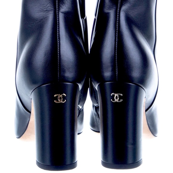 CHANEL Leather Peep Toe Logo Chain Boots 5.5 RARE - Picture 1 of 5